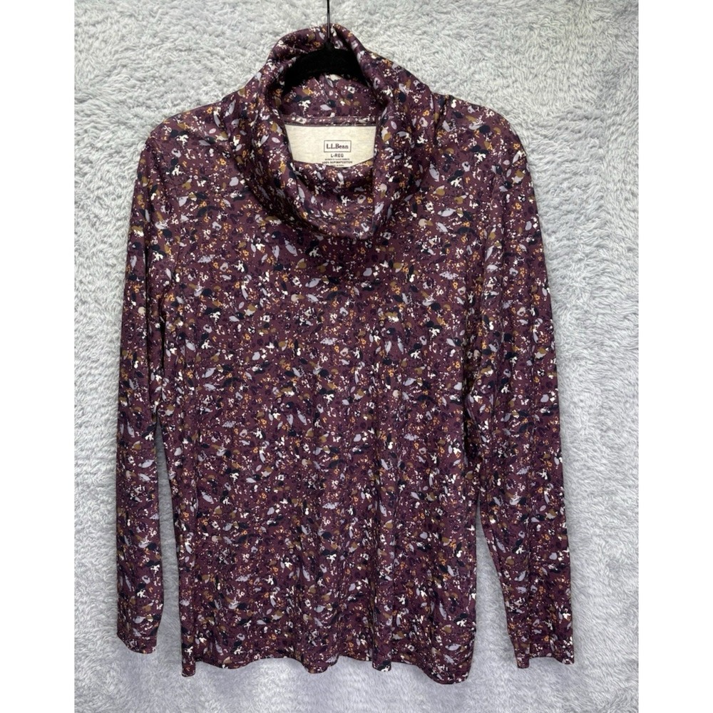 L.L. Bean Womens Large Long Slv Cowl Neck Turtle Neck Purple Yellow Speckle Fall